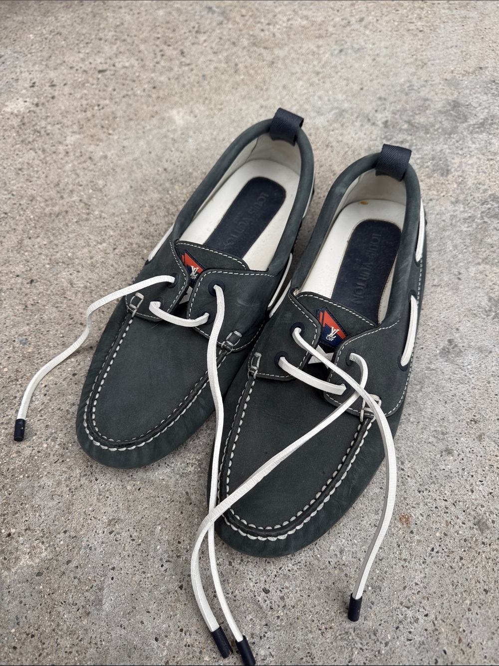 Louis Vuitton Dark Gray & White Leather Boat Loafers